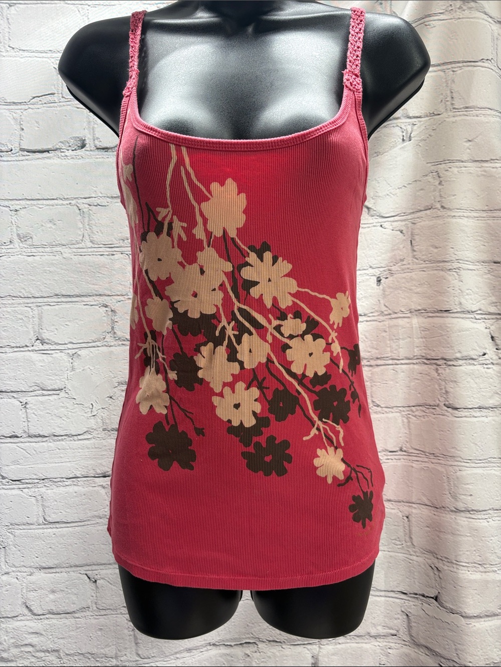 New York & Company Pink Floral Ribbed Tank with Beige and Brown Print